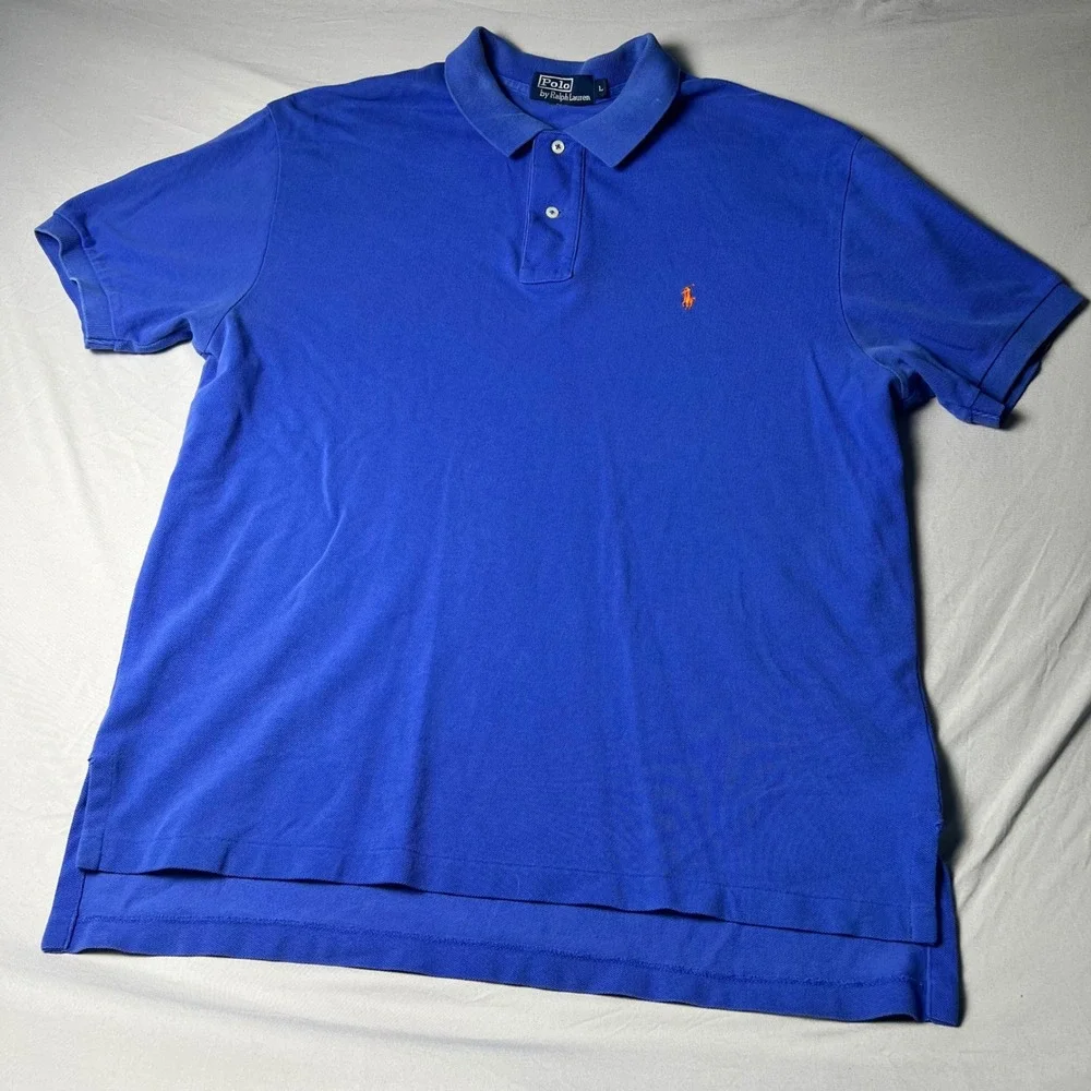 Polo Ralph Lauren Mens Blue Cotton Pique Short Sleeve Polo Shirt Orange Pony L